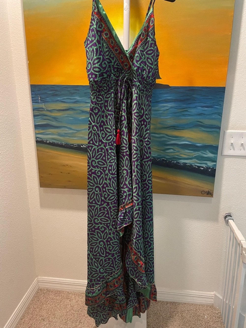 Green Printed High-Low Maxi Dress with Adjustable Tie